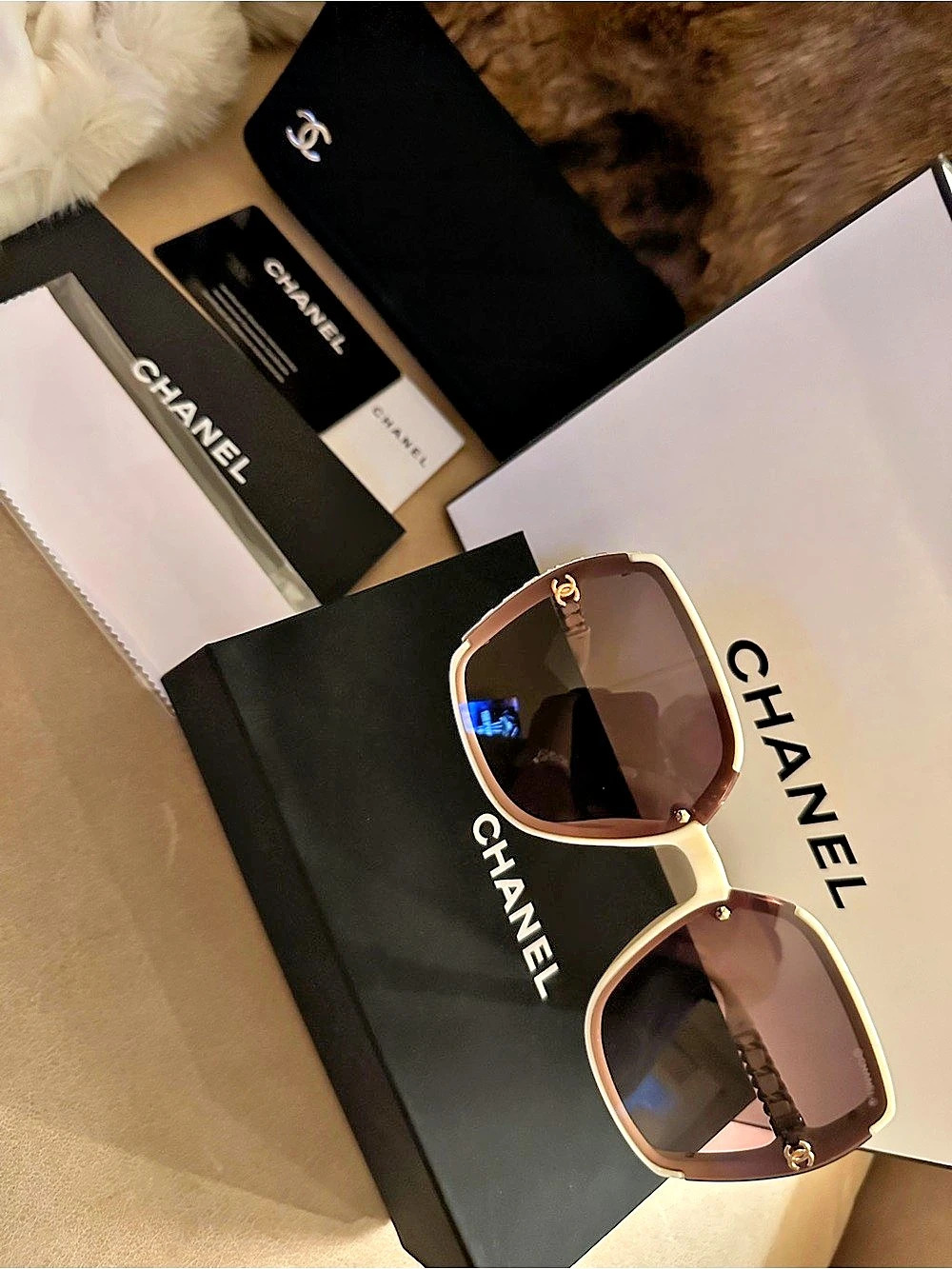 Chanel Square Chain Sunglasses Pink & White